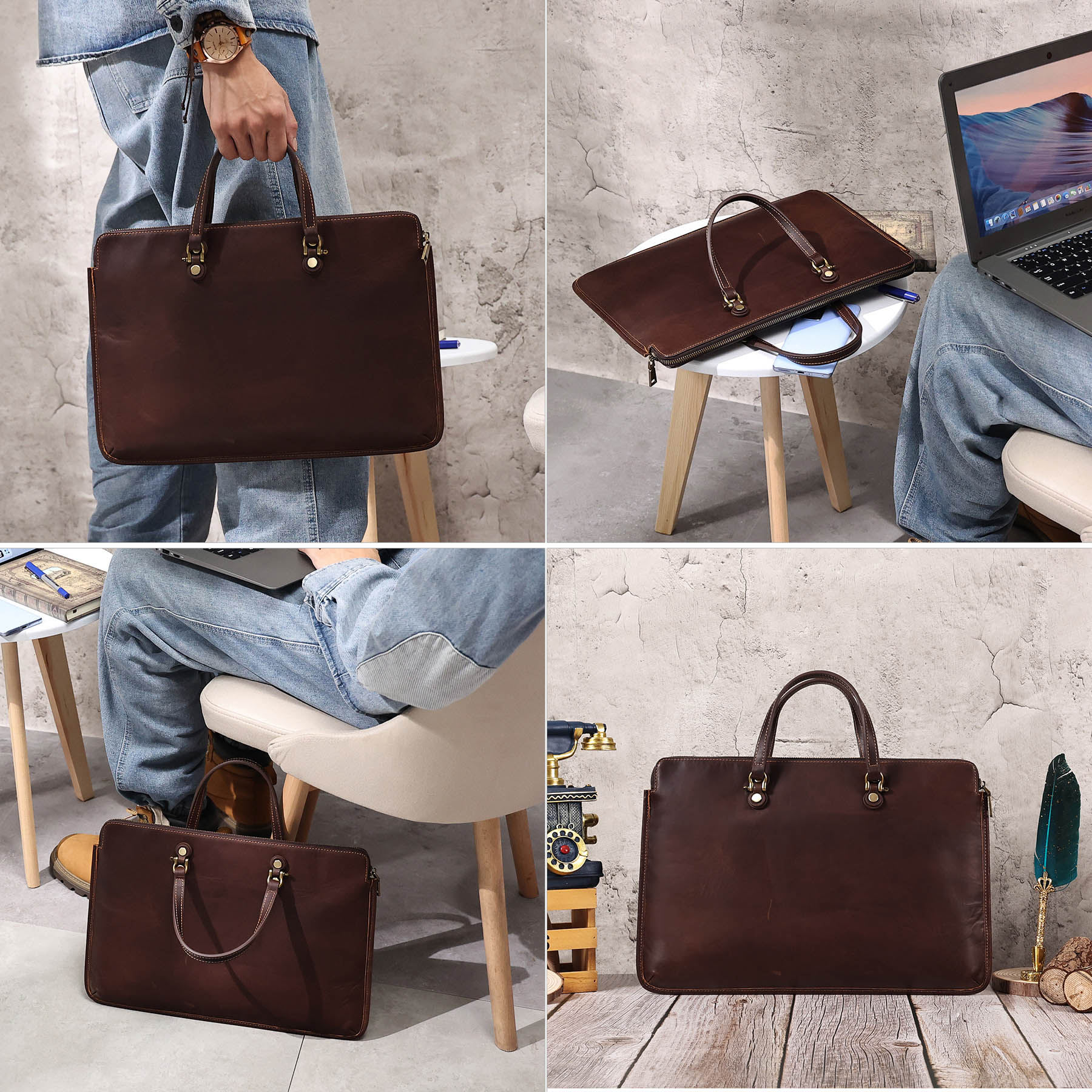 Customized Crazy Horse Leather Men's Briefcase (5)