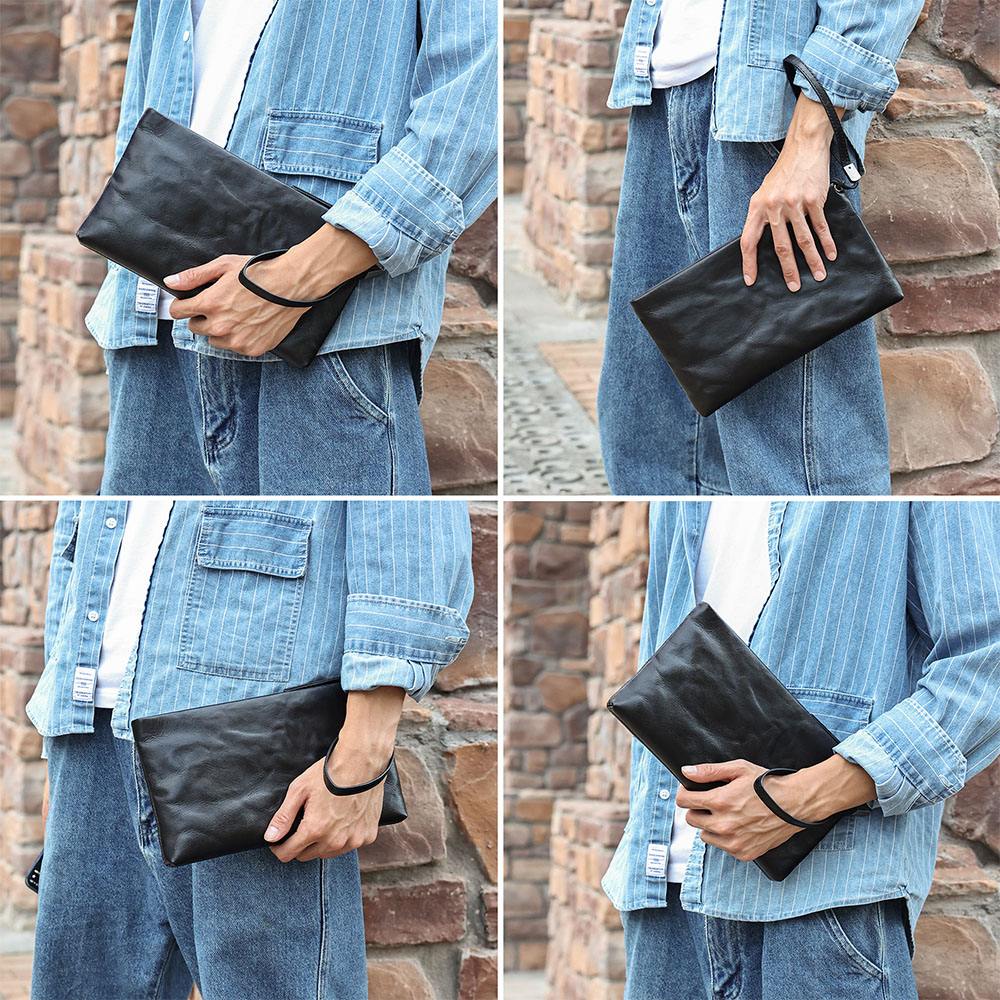 Customized Men's Clutch Bag in Black Vegetable Tanned Leather (2)