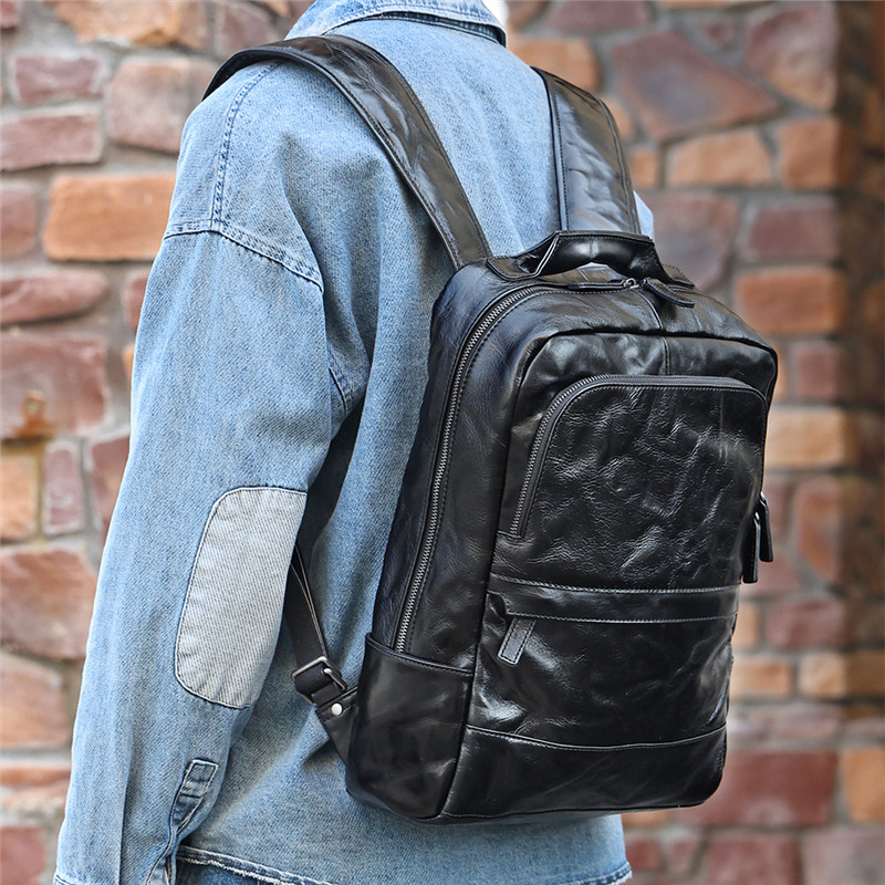 High quality custom vegetable tanned leather black business backpack (25)