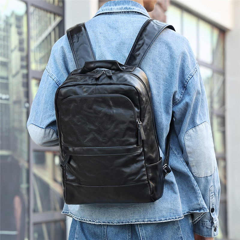 High quality custom vegetable tanned leather black business backpack (27)